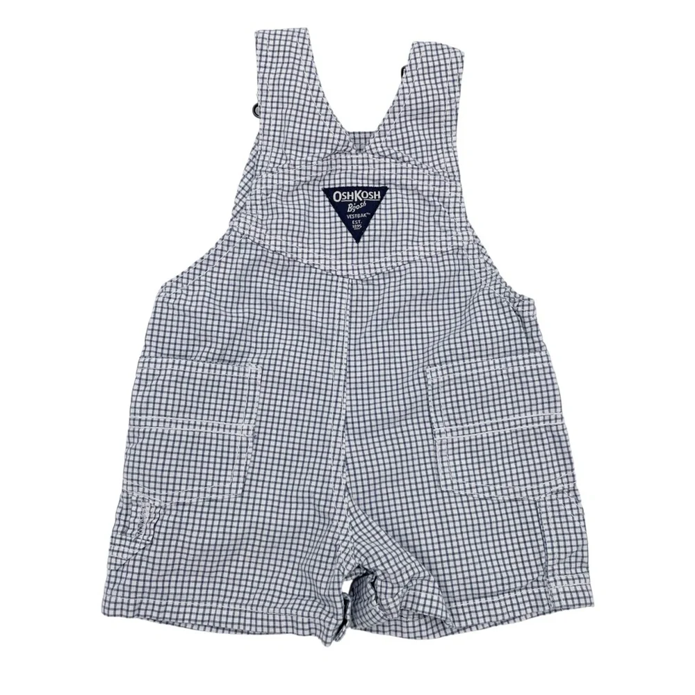 OshKosh B'Gosh Cotton Shortalls Blue White Plaid Vestbak Overall Shorts Size 6 M